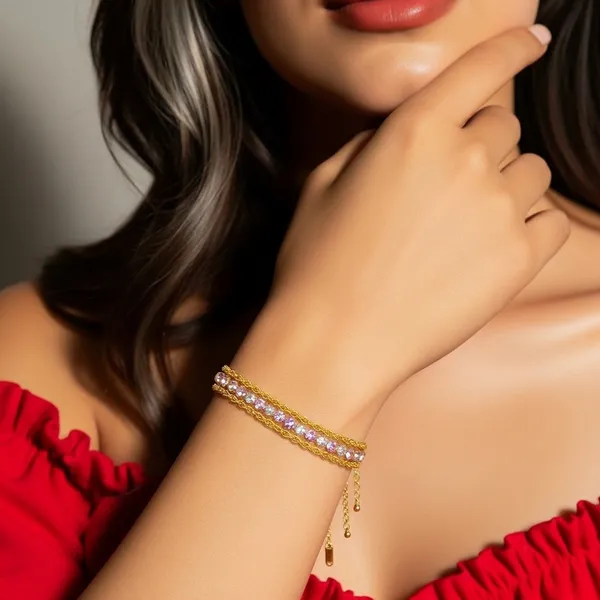 Gold_Brass_Multi_Layer_Pink_Cz_Rope_Chain_Bracelet_For_Women